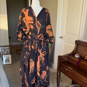H&M Black and Orange Kaftan Wrap Dress